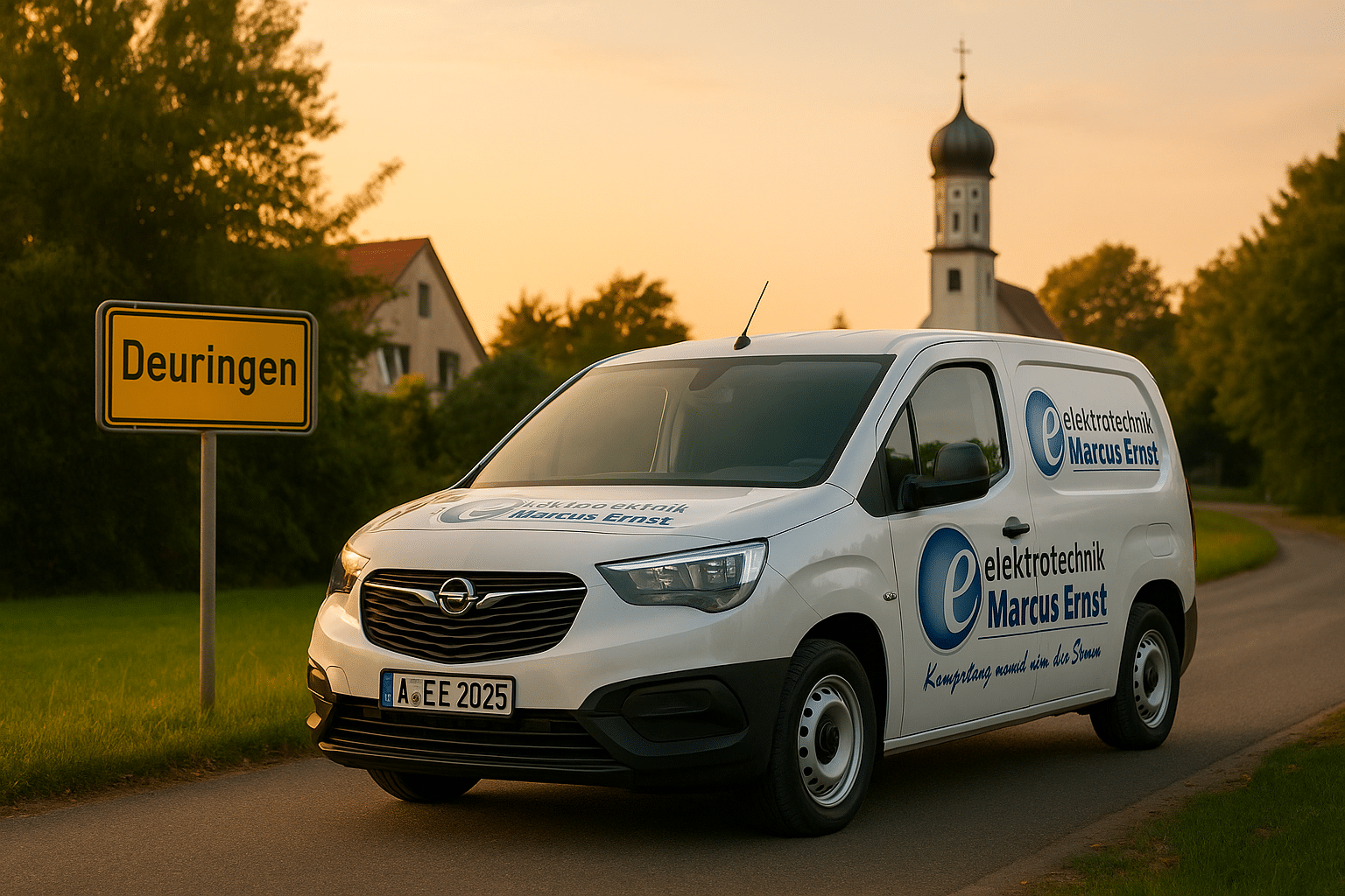 Elektriker Deuringen Ein weißer Opel Combo mit dem Logo von Elektrotechnik Marcus Ernst steht vor dem Ortsschild „Deuringen“ bei Sonnenuntergang.