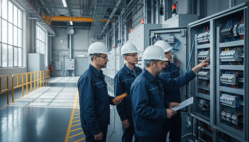 Elektriker prüft Industrie-Schaltschrank Brandschutz