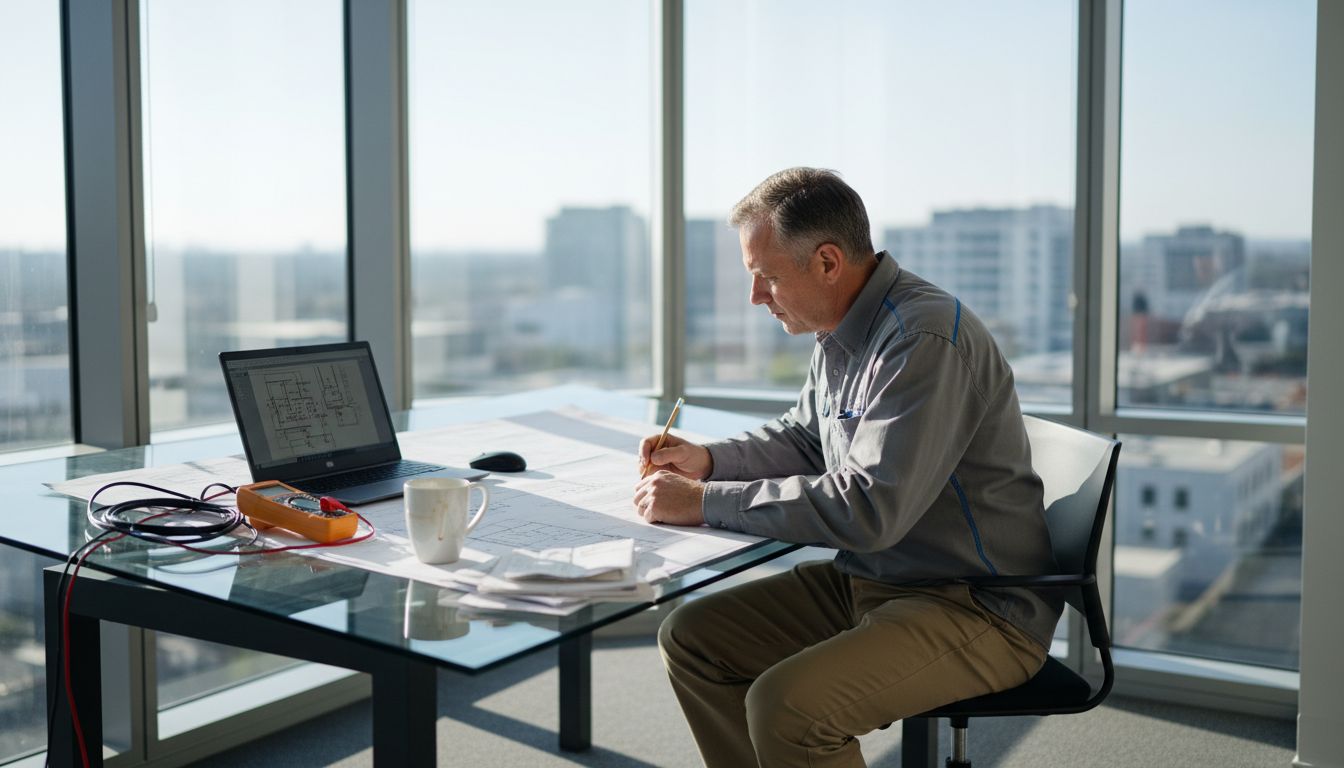 Engineer reviews electrical plans at drafting table Engineer reviews electrical plans at drafting table