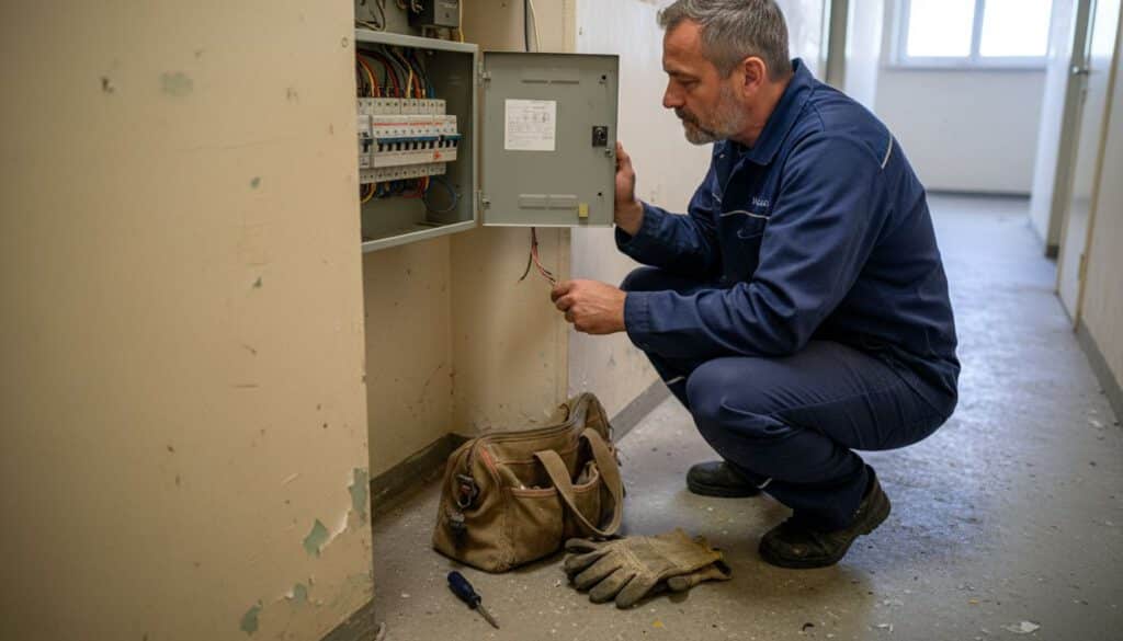 Electrician examines circuit breaker panel