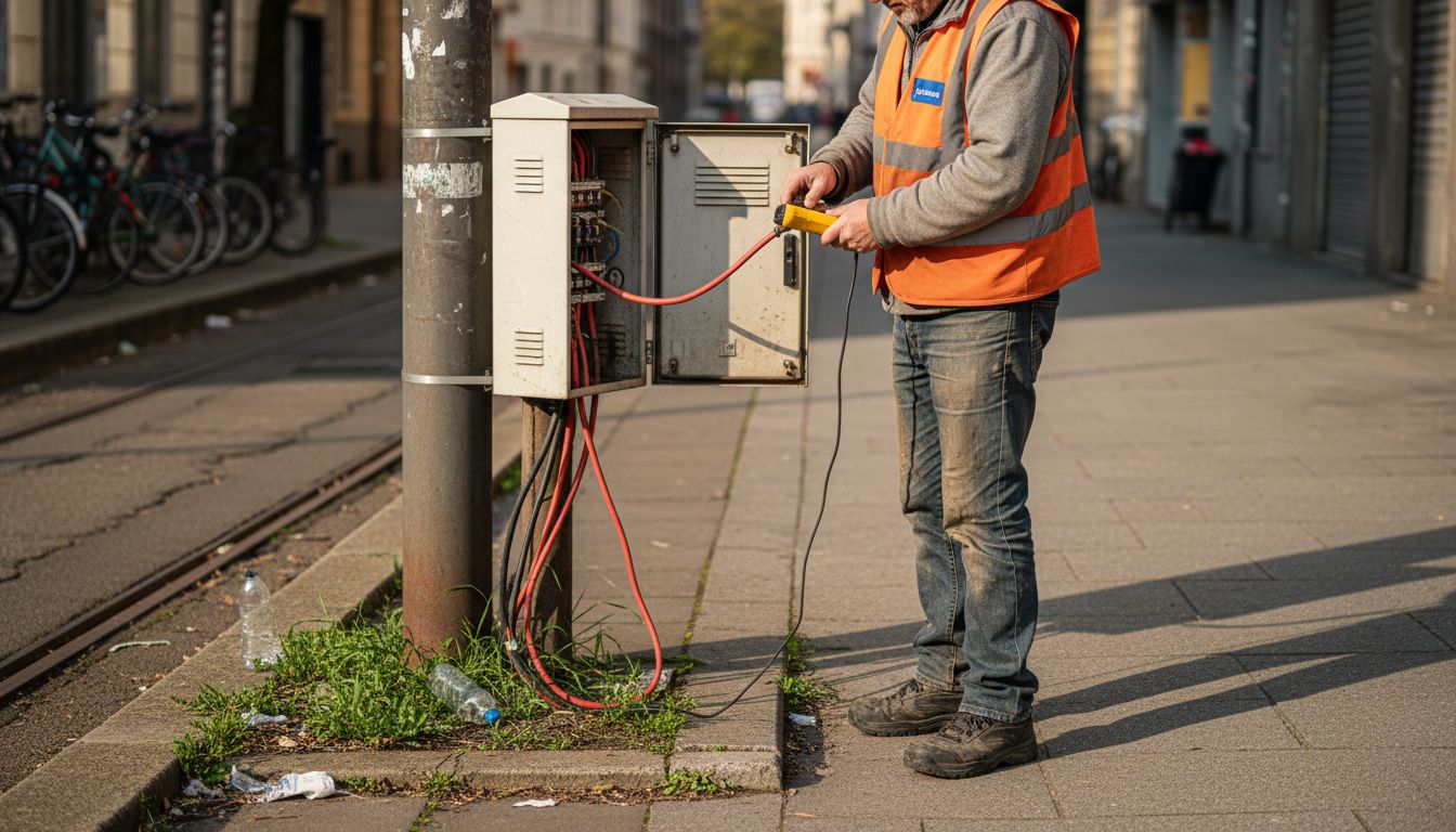 Electrician maintains city electrical cabinet outdoors Electrician maintains city electrical cabinet outdoors