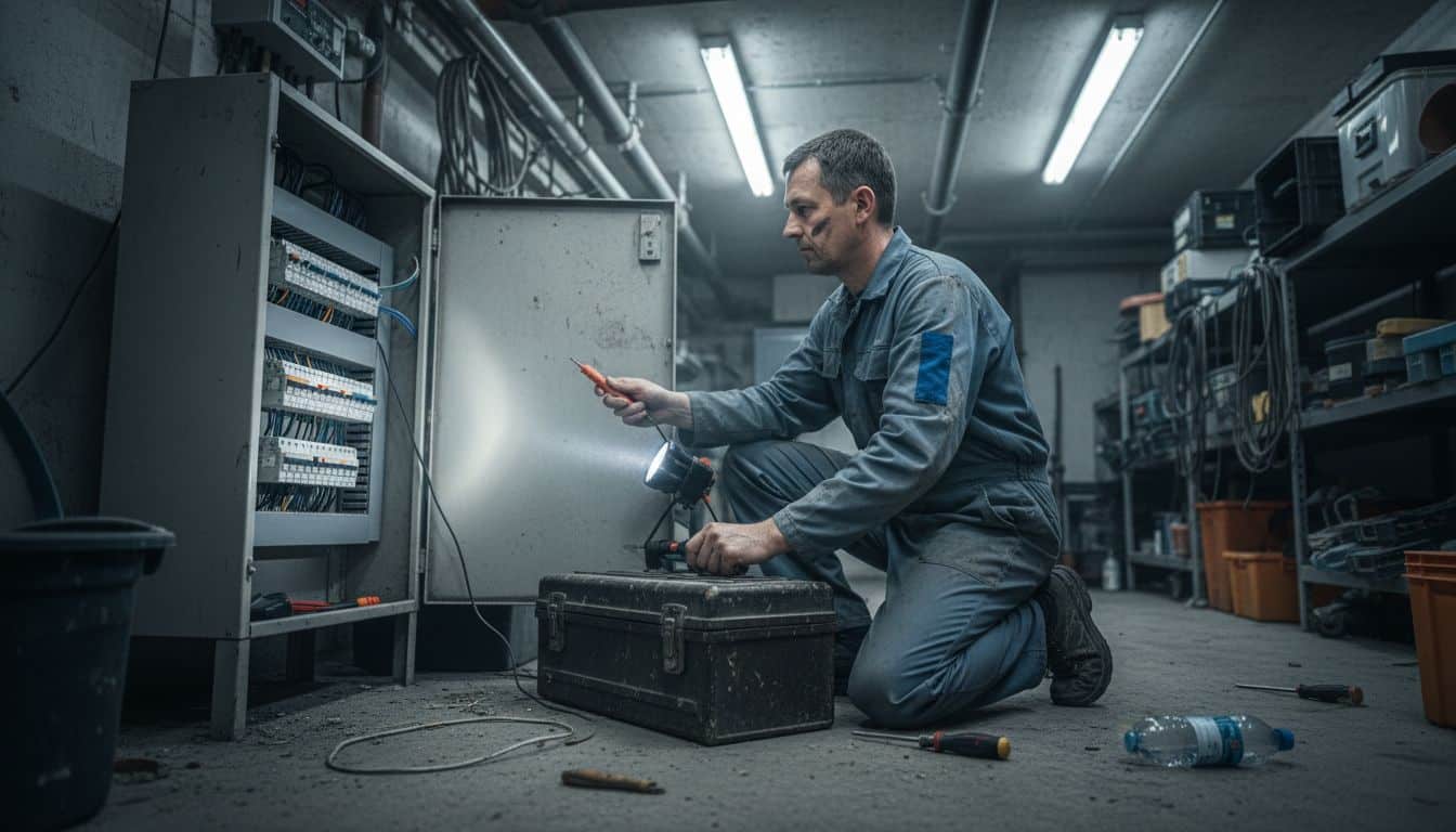 Techniker überprüft elektrische Anlage im Technikraum