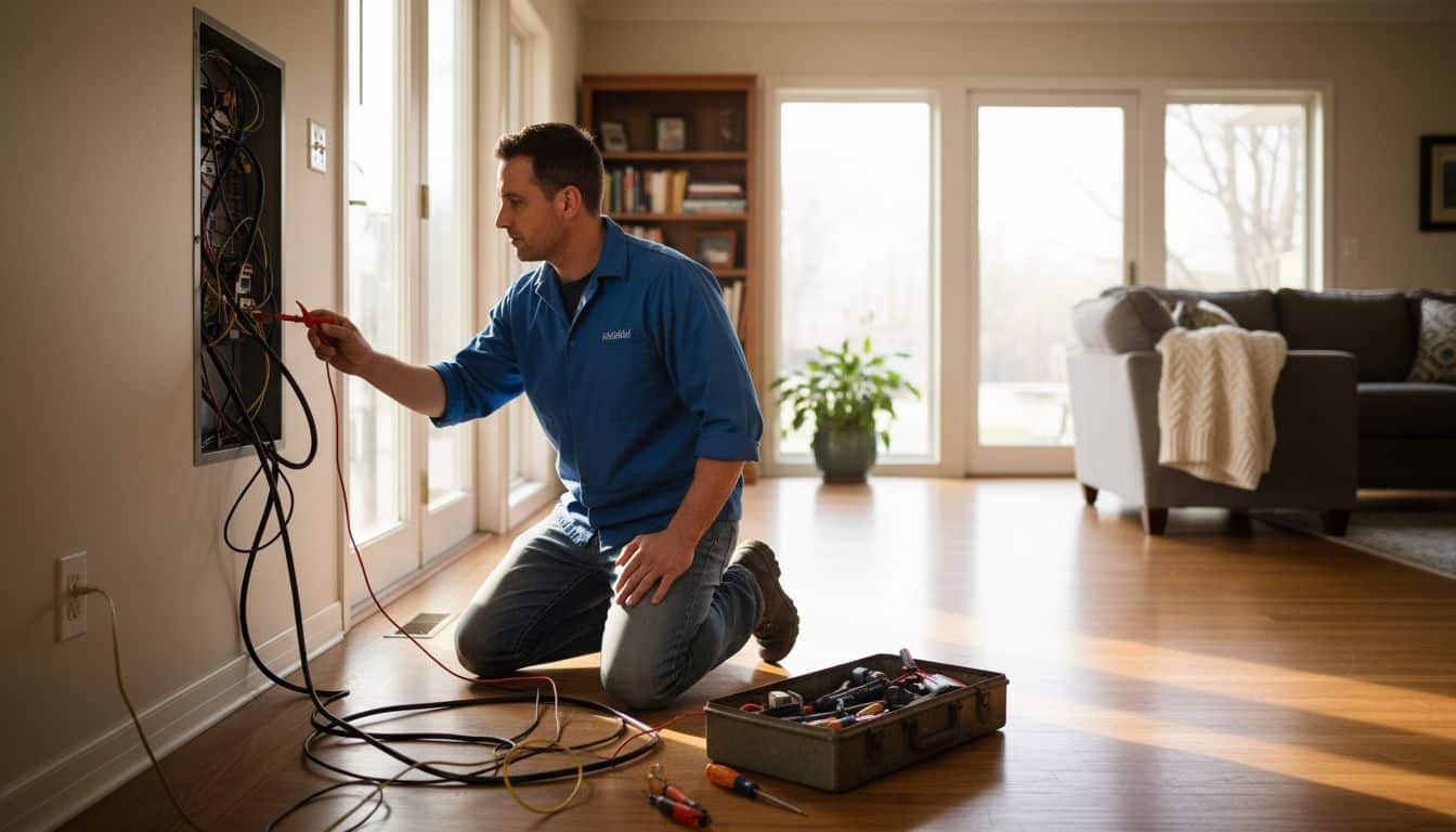 Technician inspecting home electrical panel Technician inspecting home electrical panel
