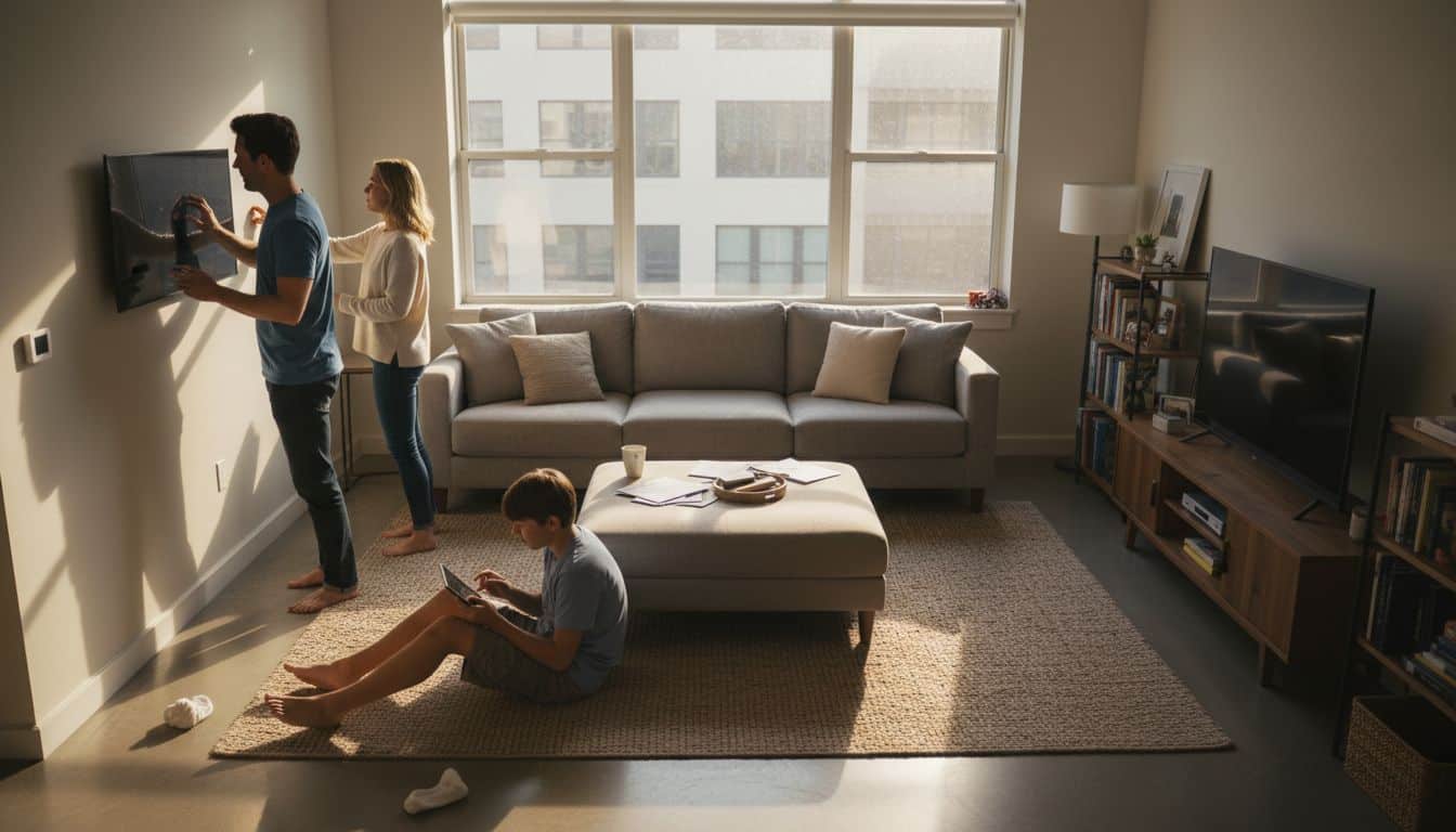 Family uses smart devices in modern living room