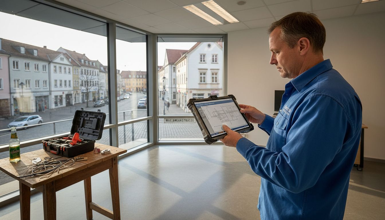 Ein Elektriker prüft die digitalen Baupläne im Augsburger Büro.