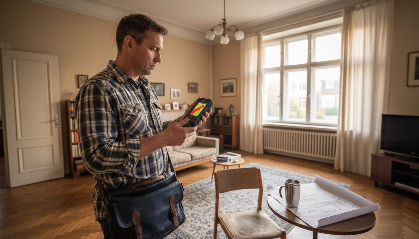 Ein Energieberater überprüft das Wohnzimmer mit einer Wärmebildkamera auf mögliche Wärmeverluste.