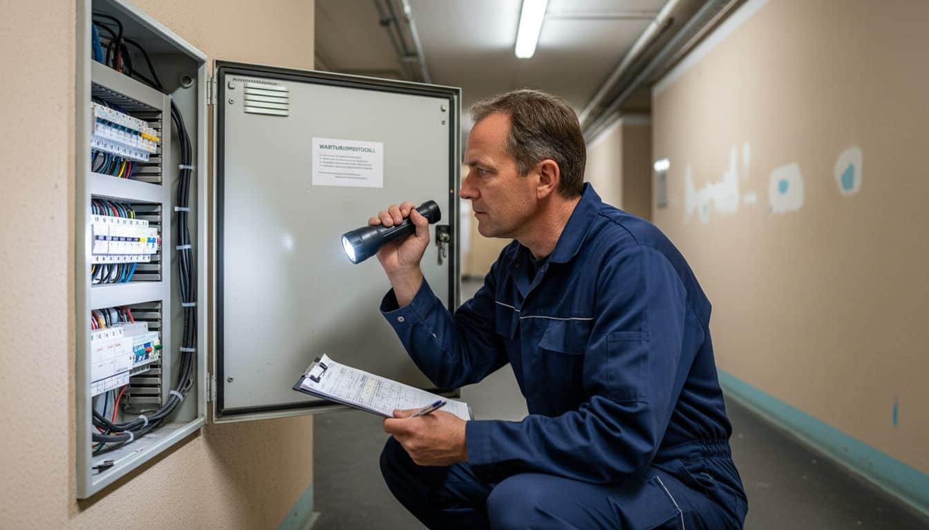 Ein Haustechniker überprüft den Sicherungskasten im Flur. Ein Haustechniker überprüft den Sicherungskasten im Flur.