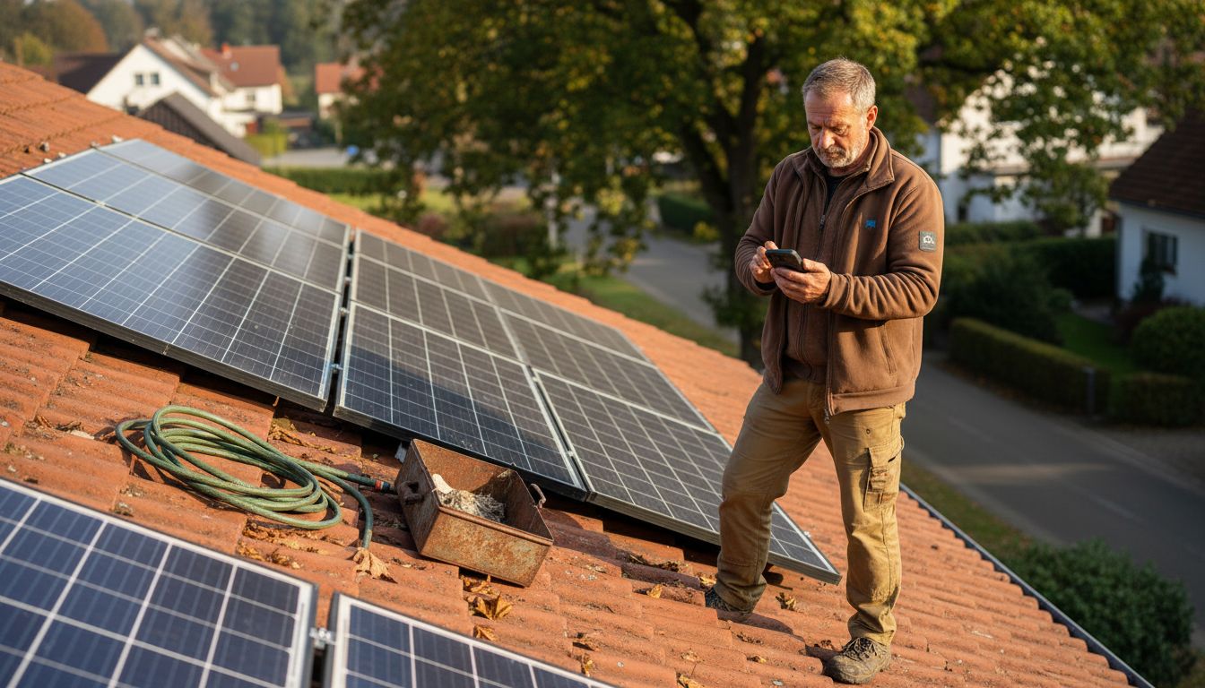 Ein Hausbesitzer wirft einen prüfenden Blick auf die Solaranlage auf seinem Dach. Ein Hausbesitzer wirft einen prüfenden Blick auf die Solaranlage auf seinem Dach.