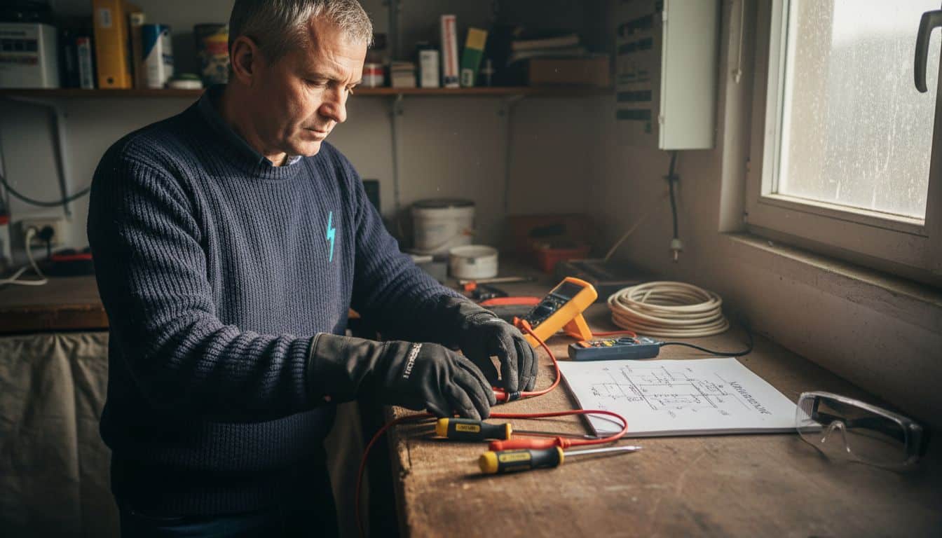 Ein Mann stellt das nötige Werkzeug für Elektroarbeiten im eigenen Zuhause zusammen.