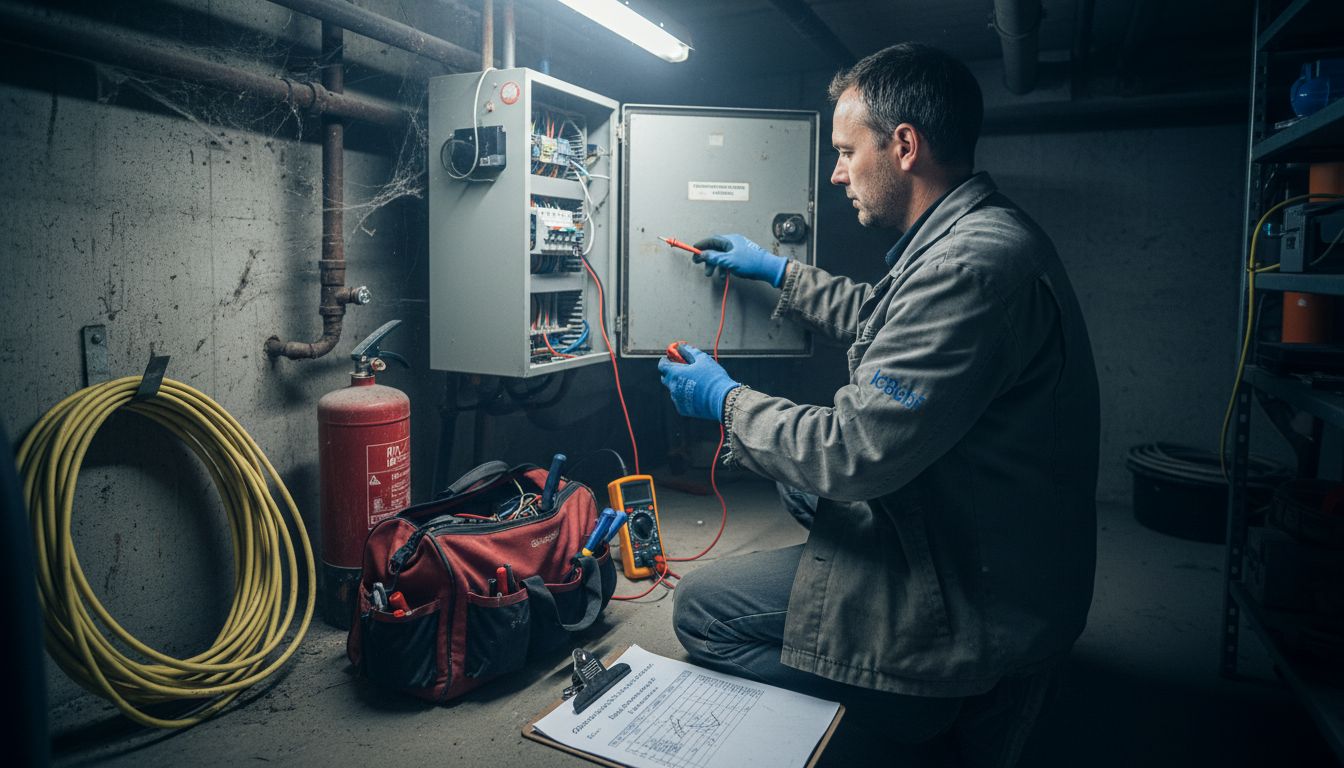 Ein Elektriker überprüft die Elektroinstallation im Technikraum in Augsburg.