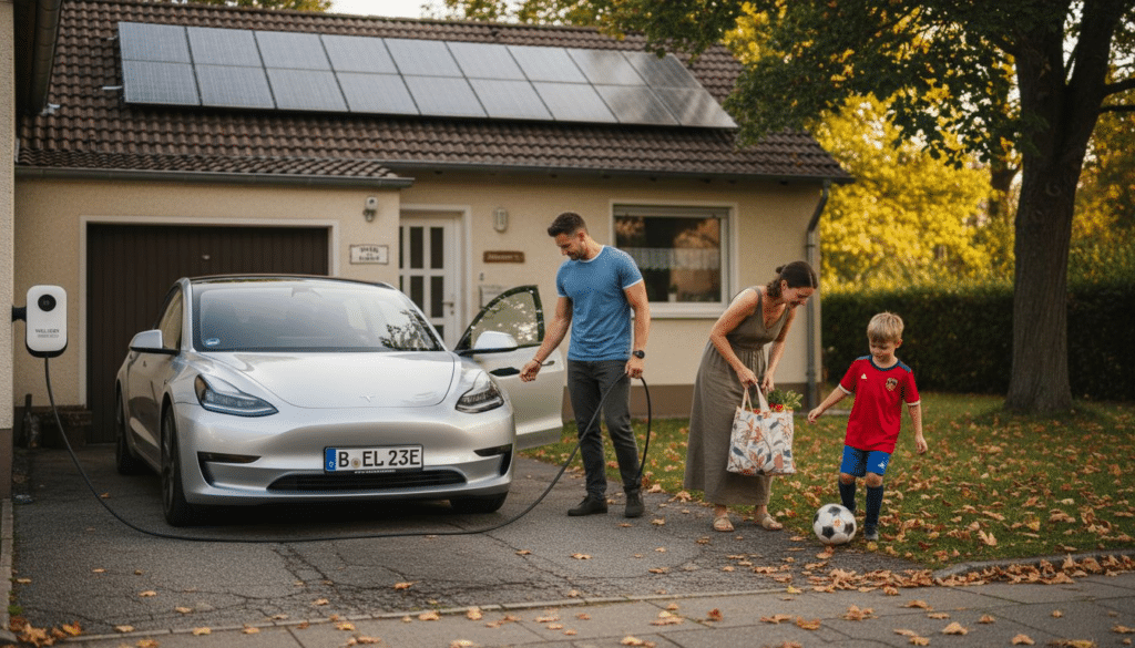 7 praktische Tipps zum Umstieg auf Elektromobilität 8 Eine Familie stellt ihr Elektroauto zum Laden in die eigene Einfahrt.