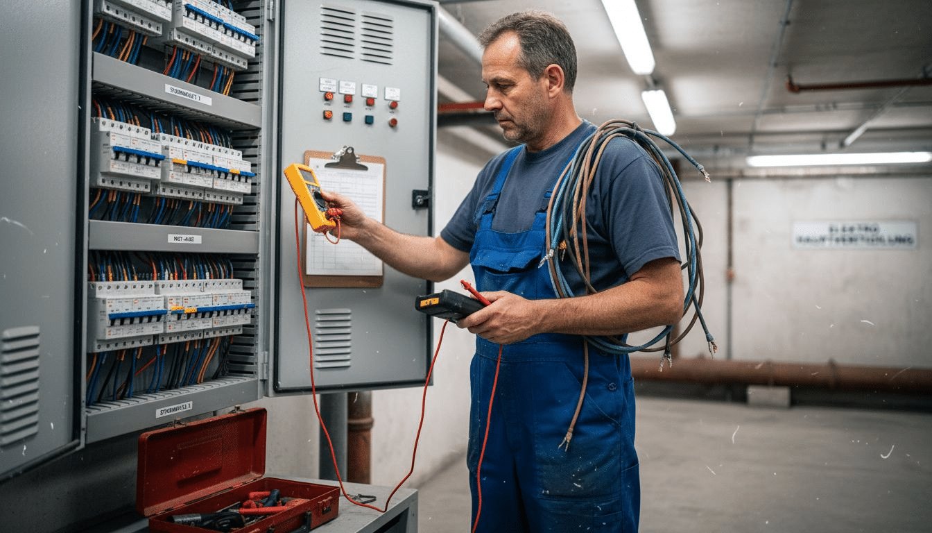 Ein Elektriker prüft die Steuerungstechnik in einer Industrieanlage. Ein Elektriker prüft die Steuerungstechnik in einer Industrieanlage.