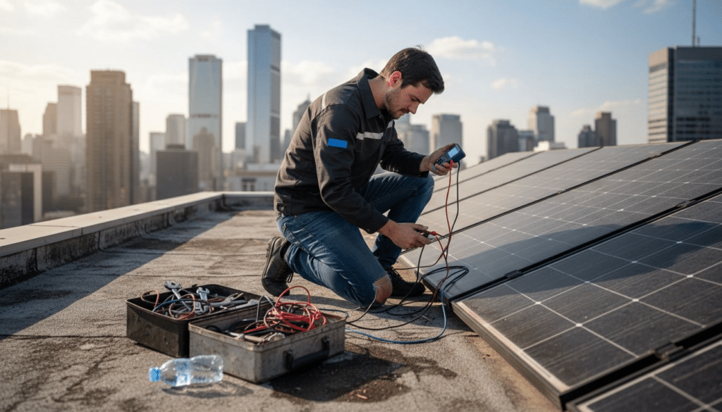 Rolle der Elektrotechnik für nachhaltige Zukunft 6 Ein Techniker überprüft die Anschlüsse der Solaranlage auf dem Dach.