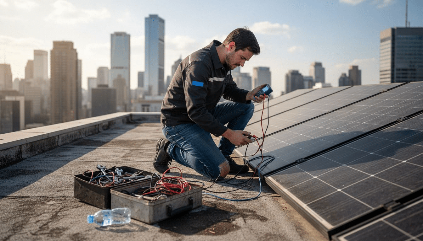 Ein Techniker überprüft die Anschlüsse der Solaranlage auf dem Dach. Ein Techniker überprüft die Anschlüsse der Solaranlage auf dem Dach.