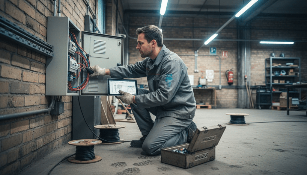 Digitalisierung in der Elektrotechnik – Chancen und Praxis 5 Im Rahmen eines Workshops nimmt ein Techniker die digitale Schaltanlage genau unter die Lupe.