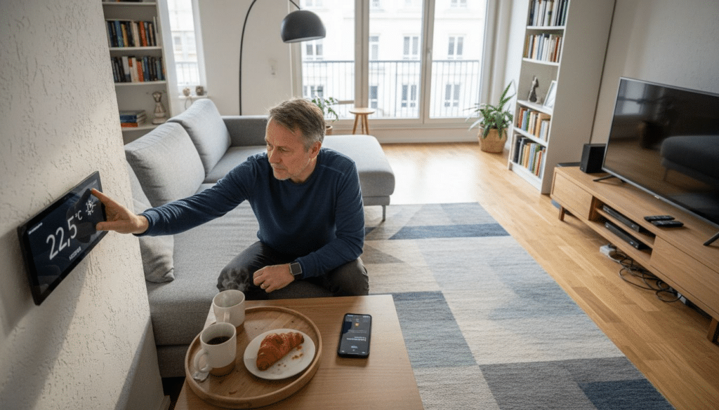 7 Arten von Smart-Home-Systemen für Ihren Wohnkomfort 4 Ein Mann stellt im Wohnzimmer seine Smart-Home-Geräte ein.