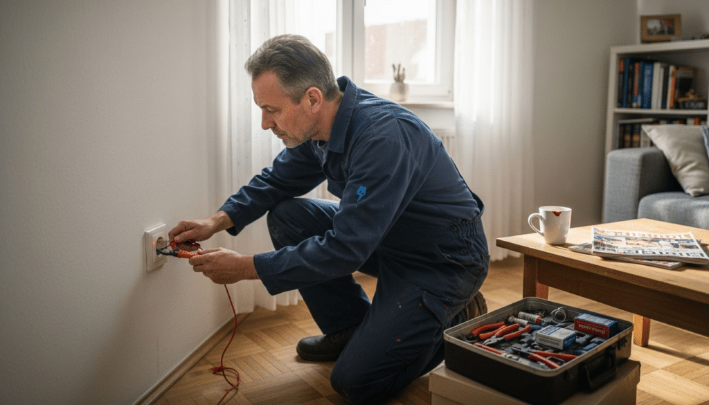 7 typische Elektrofehler im Haushalt und wie Sie sie vermeiden 5 Ein Elektriker überprüft die Steckdose im Wohnzimmer.