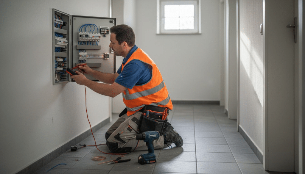 Warum Elektrosicherheit unverzichtbar ist – Schutz für Haus und Betrieb 8 Ein Elektriker überprüft die Elektroanlage im Flur eines Wohnhauses.