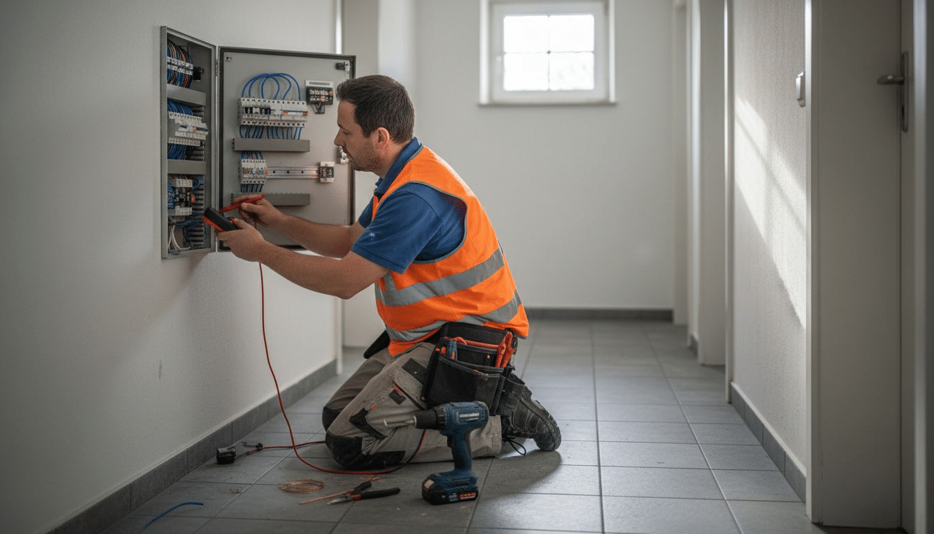 Ein Elektriker überprüft die Elektroanlage im Flur eines Wohnhauses. Ein Elektriker überprüft die Elektroanlage im Flur eines Wohnhauses.