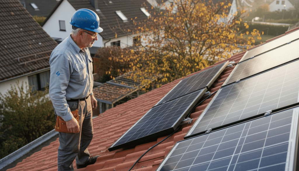 Photovoltaik-Planung 2025 Checkliste: Schritt-für-Schritt-Anleitung 7 Ein Elektrofachmann kontrolliert die Solaranlage auf dem Hausdach.