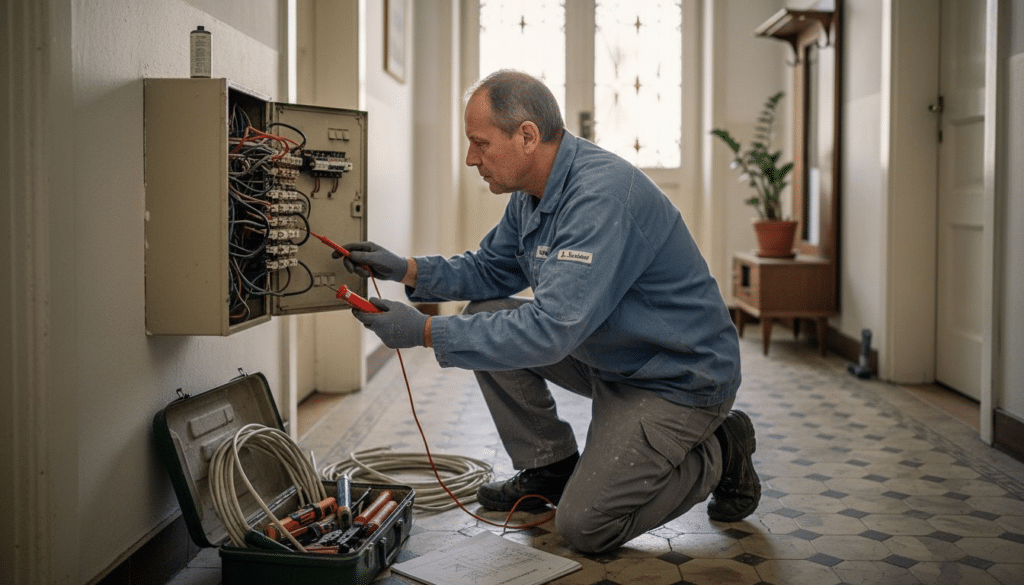 Elektrische Modernisierung – Mehr Effizienz und Sicherheit 6 Ein Elektriker kontrolliert den Sicherungskasten im Flur eines Altbaus.