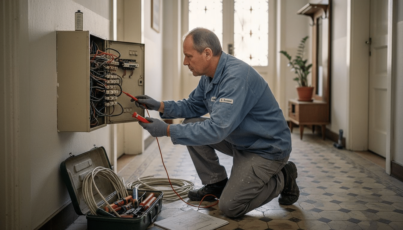 Ein Elektriker kontrolliert den Sicherungskasten im Flur eines Altbaus.