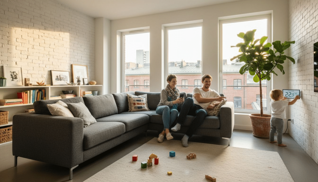 Hausautomation: Wie Ihr Zuhause smarter wird 5 Eine Familie sitzt gemeinsam im Wohnzimmer und nutzt verschiedene smarte Geräte.