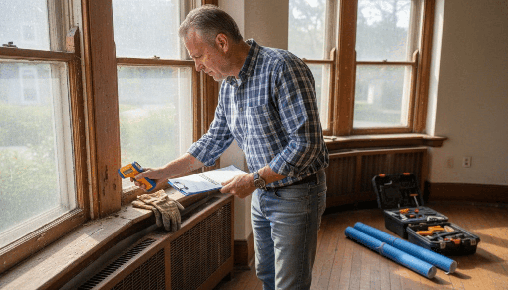 Energieaudit erklärt: So senken Hausbesitzer Kosten 6 Ein Fachberater prüft die Dämmung im Wohnzimmer.