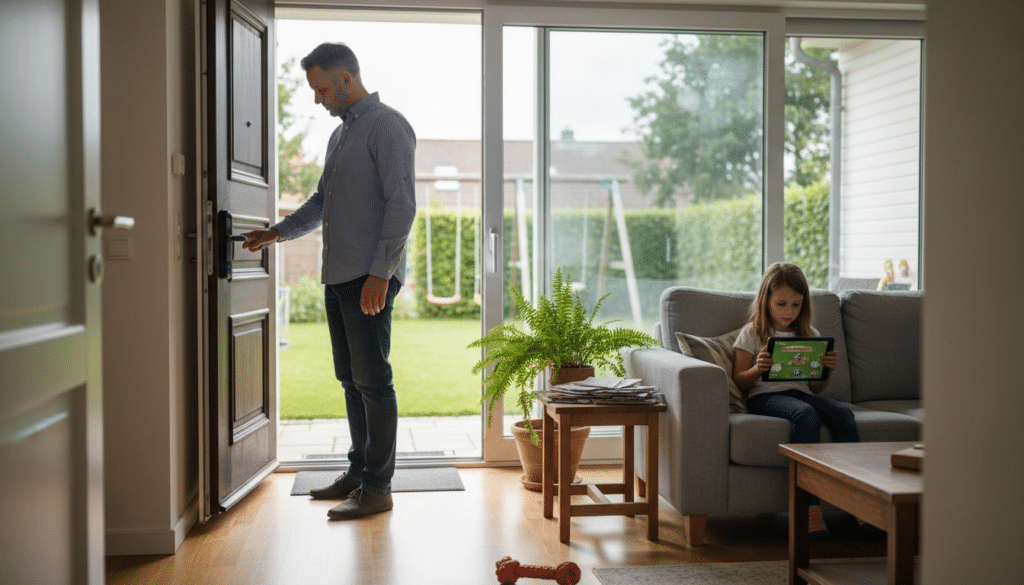 Smart Home Sicherheit Tipps für optimalen Schutz 5 In ihrem hellen Wohnzimmer bedient die Familie bequem das smarte Türschloss.