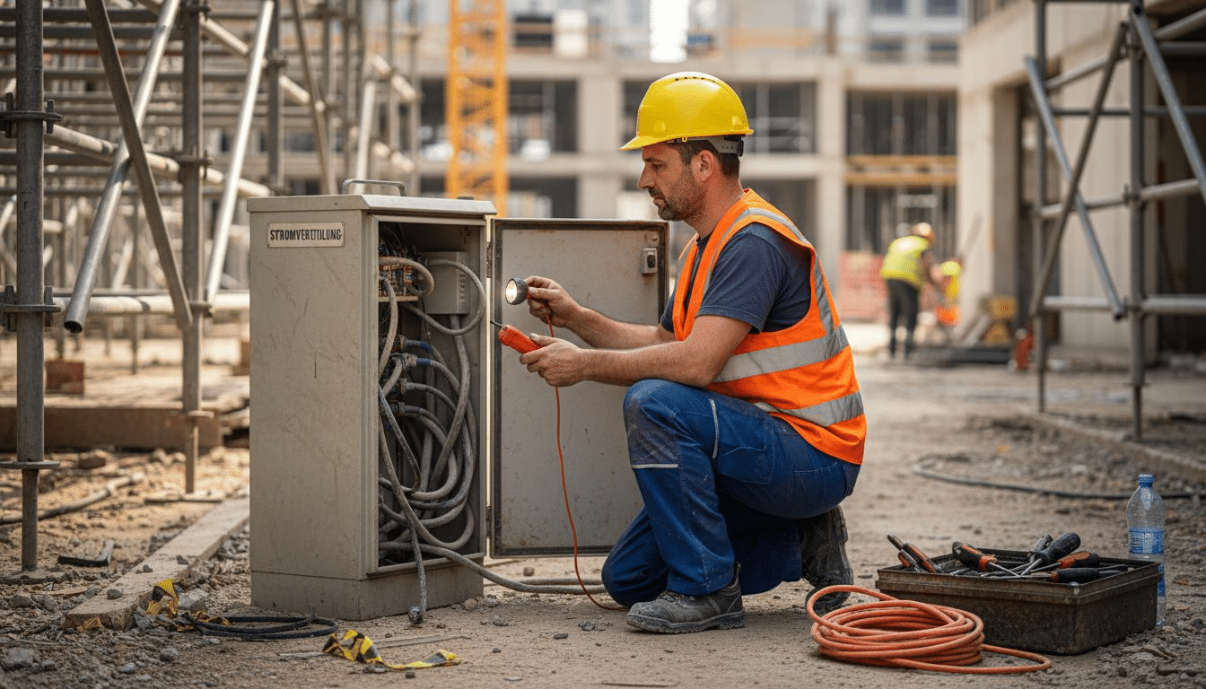 Ein Elektriker überprüft die Stromleitungen auf der Baustelle. Ein Elektriker überprüft die Stromleitungen auf der Baustelle.