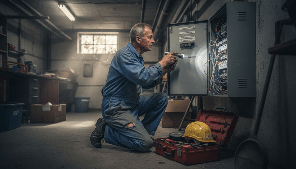 Brandschutz im Elektrobereich – Risiken und Lösungen 2 Ein Elektriker überprüft gefährliche Stromleitungen auf mögliche Sicherheitsrisiken.