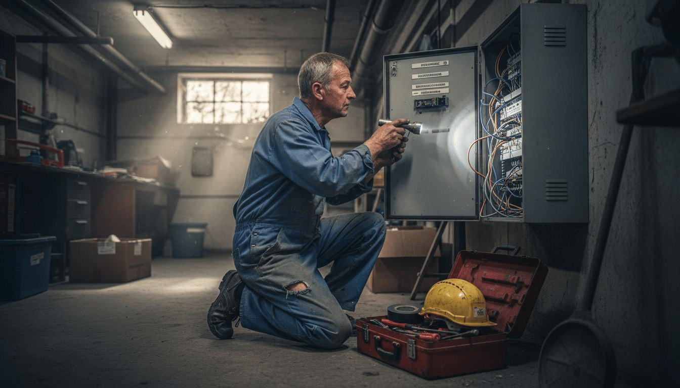 Ein Elektriker überprüft gefährliche Stromleitungen auf mögliche Sicherheitsrisiken.