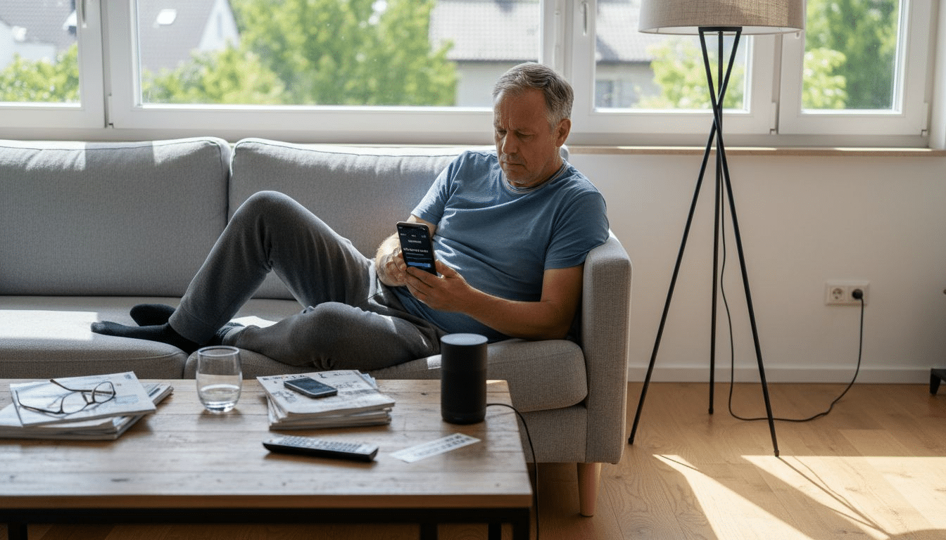 Im Wohnzimmer steuert ein Smart-Home-Nutzer bequem seine Geräte per App oder Sprachbefehl.