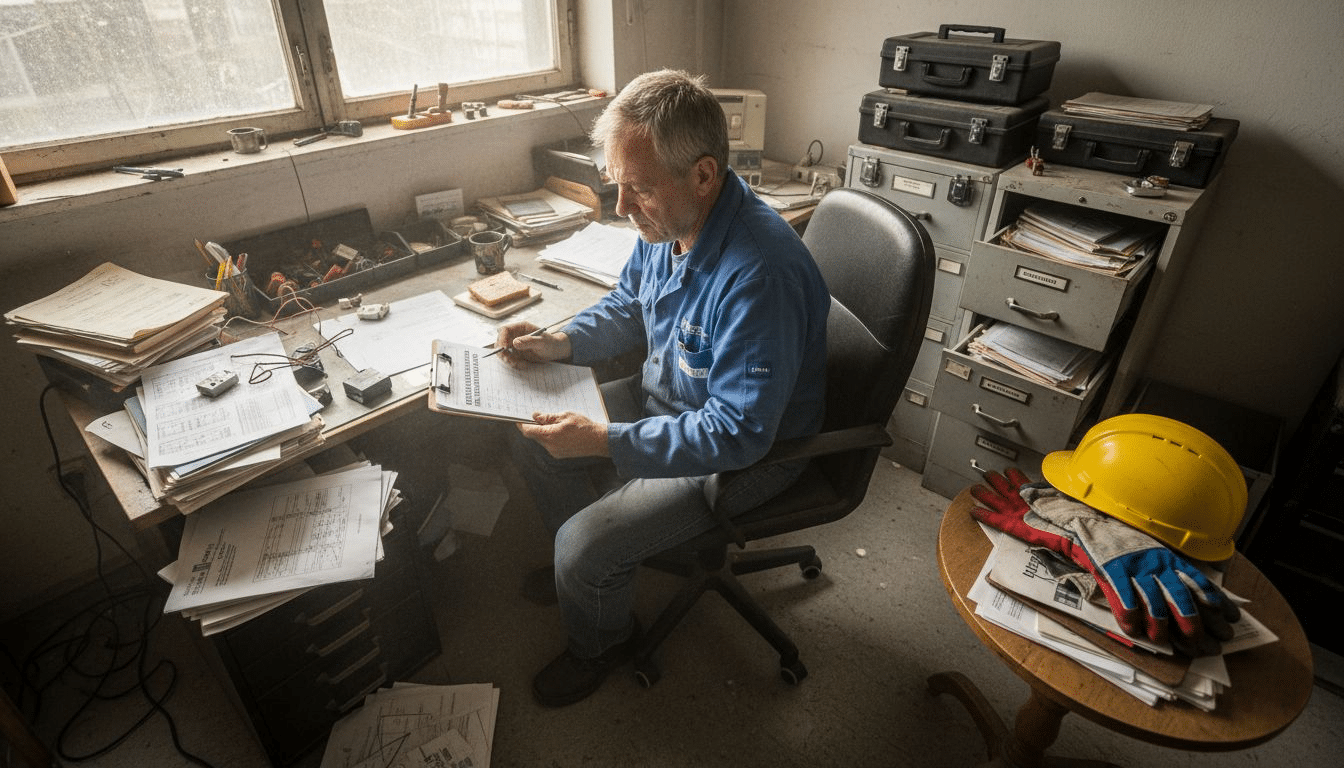 Im Büro schaut der Techniker die Wartungsunterlagen durch. Im Büro schaut der Techniker die Wartungsunterlagen durch.