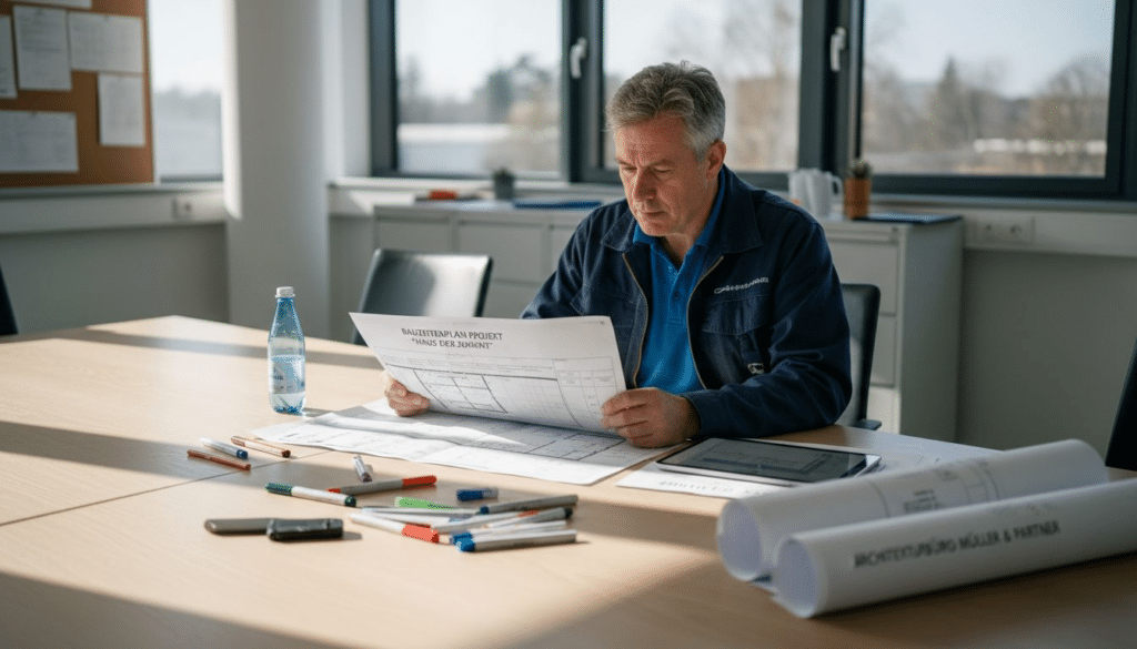 Effektive Tipps für Bauzeitenplanung Elektroprojekte 7 Der Bauleiter verschafft sich am Schreibtisch einen Überblick über den aktuellen Bauzeitenplan.