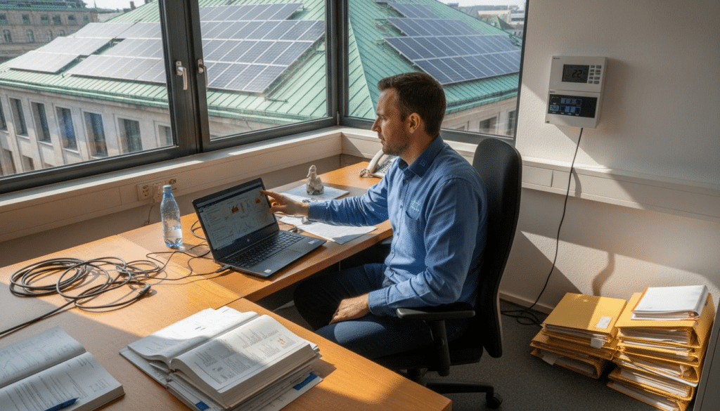 Smart Home im öffentlichen Sektor: Effizienz und Nachhaltigkeit 6 Ein IT-Manager überprüft die smarten Steuerungssysteme direkt an seinem Schreibtisch.