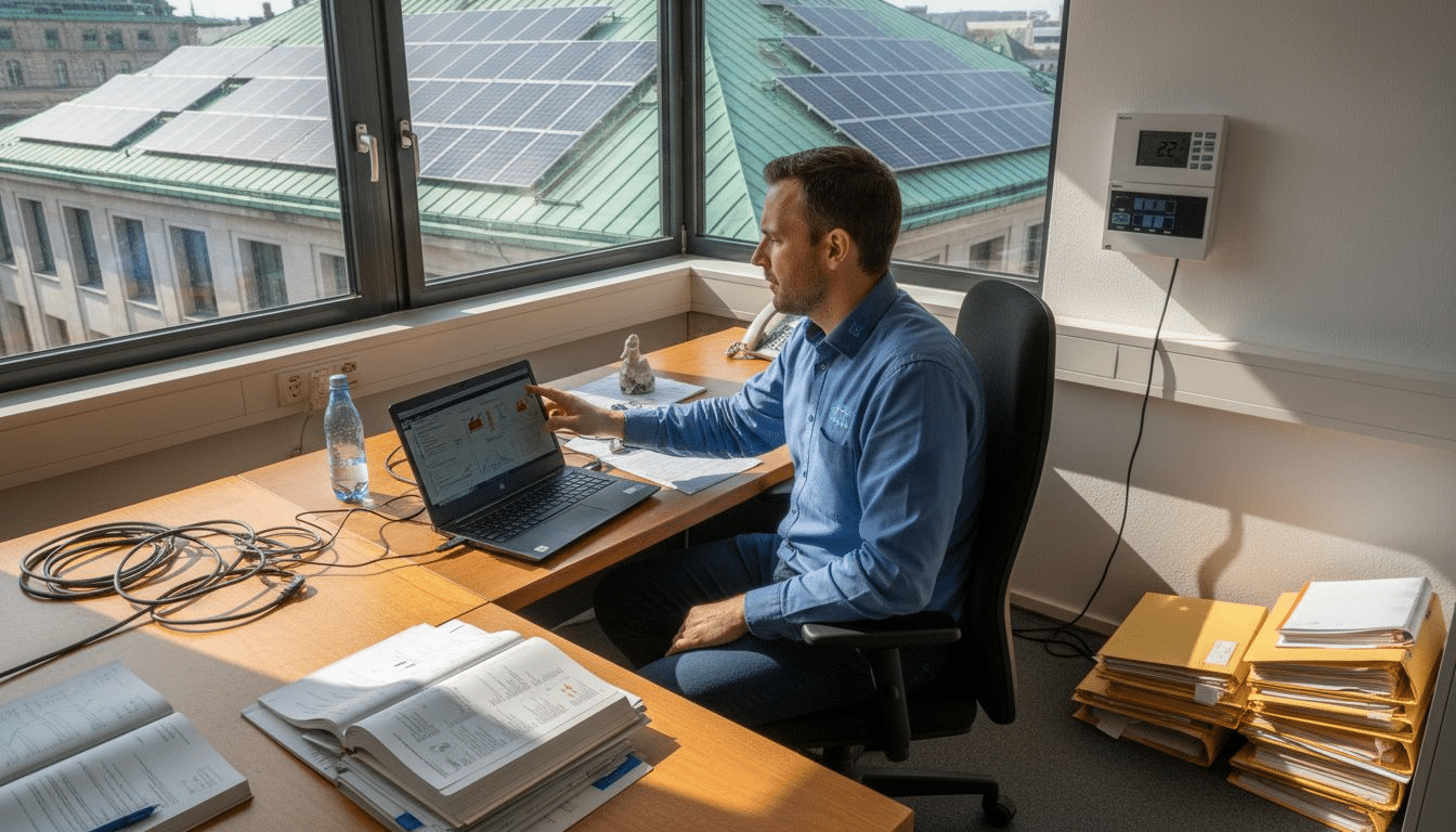 Ein IT-Manager überprüft die smarten Steuerungssysteme direkt an seinem Schreibtisch. Ein IT-Manager überprüft die smarten Steuerungssysteme direkt an seinem Schreibtisch.