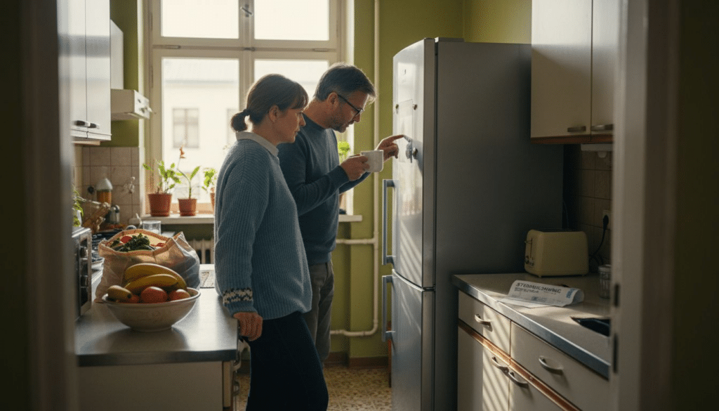 Energieeffizienz verstehen: Mehr Nutzen mit weniger Verbrauch 5 Ein Paar prüft gemeinsam die Einstellungen ihres energiesparenden Kühlschranks, um Strom zu sparen.