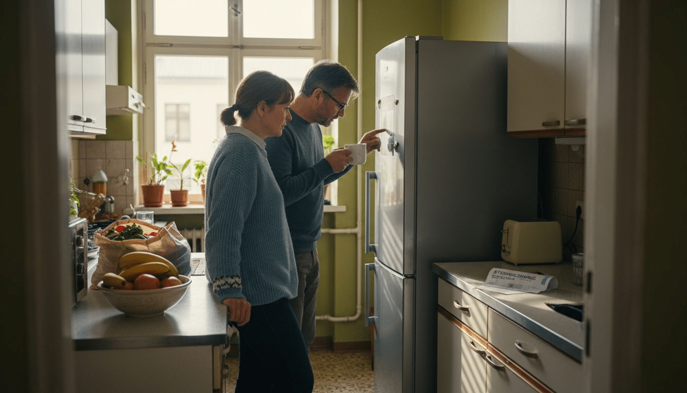 Ein Paar prüft gemeinsam die Einstellungen ihres energiesparenden Kühlschranks, um Strom zu sparen. Ein Paar prüft gemeinsam die Einstellungen ihres energiesparenden Kühlschranks, um Strom zu sparen.