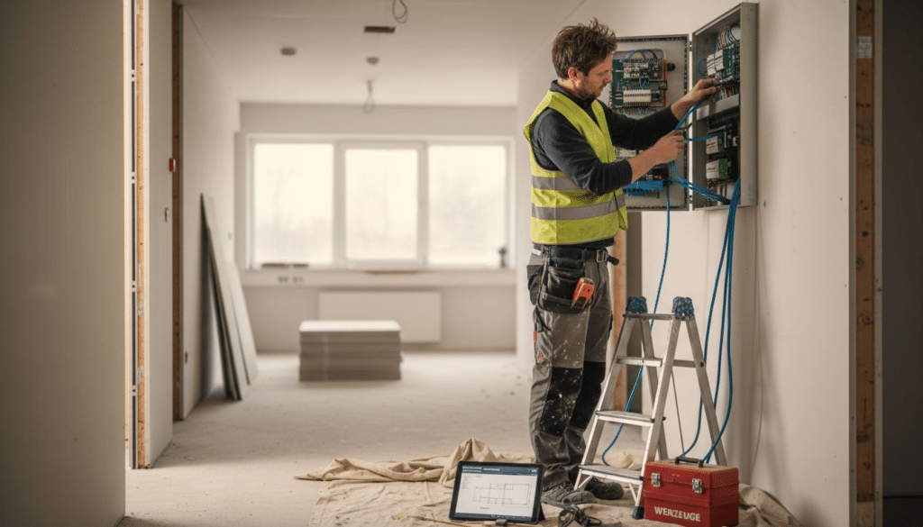 Was ist Gebäudetechnik? Relevanz für moderne Gebäude 4 Ein Techniker verlegt und installiert die Elektroanlagen im Gebäude.