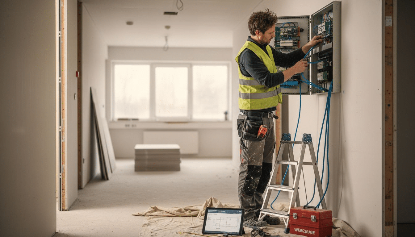 Ein Techniker verlegt und installiert die Elektroanlagen im Gebäude. Ein Techniker verlegt und installiert die Elektroanlagen im Gebäude.