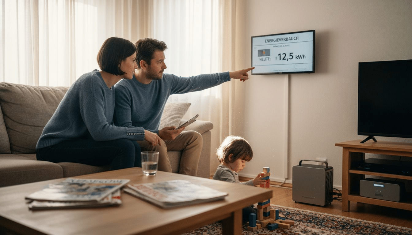 Eine Familie wirft gemeinsam einen Blick auf ihr intelligentes Energiemessgerät im Smart Home.