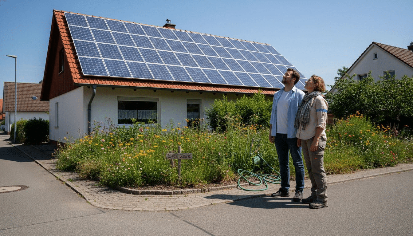 Hausbesitzer werfen einen prüfenden Blick auf ihre Solaranlage auf dem Dach. Hausbesitzer werfen einen prüfenden Blick auf ihre Solaranlage auf dem Dach.