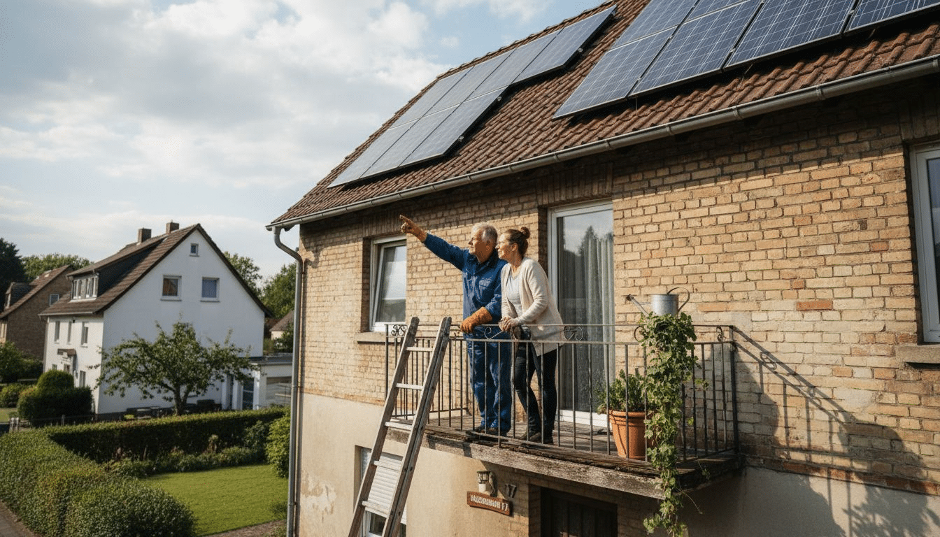 Ein Ehepaar begutachtet die Solaranlage auf dem eigenen Hausdach. Ein Ehepaar begutachtet die Solaranlage auf dem eigenen Hausdach.