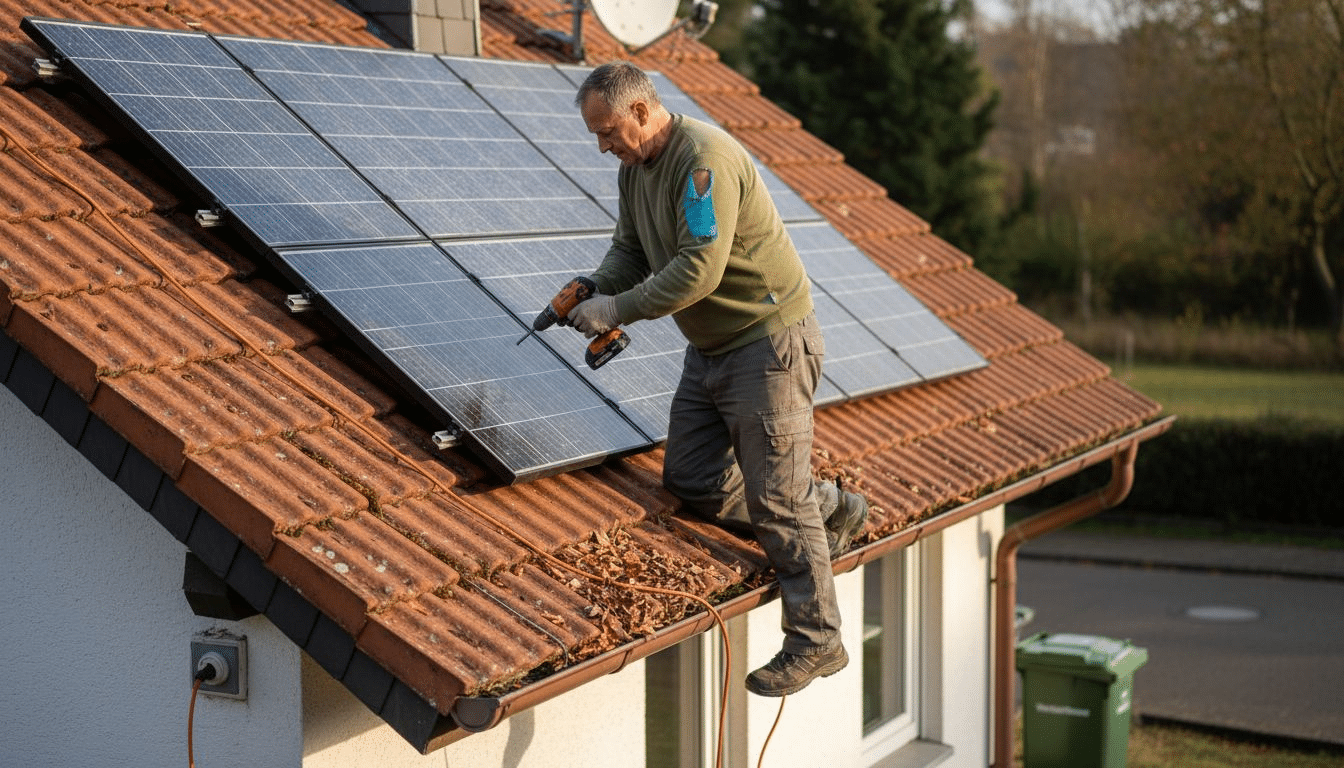 Ein Hausbesitzer lässt auf seinem Dach eine Solaranlage installieren.