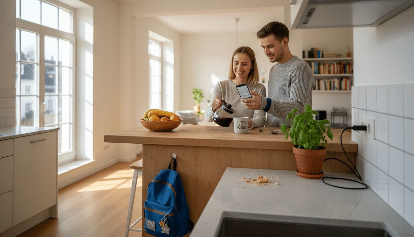 Eine Familie steuert die Küchengeräte bequem per Smart-Home-System.