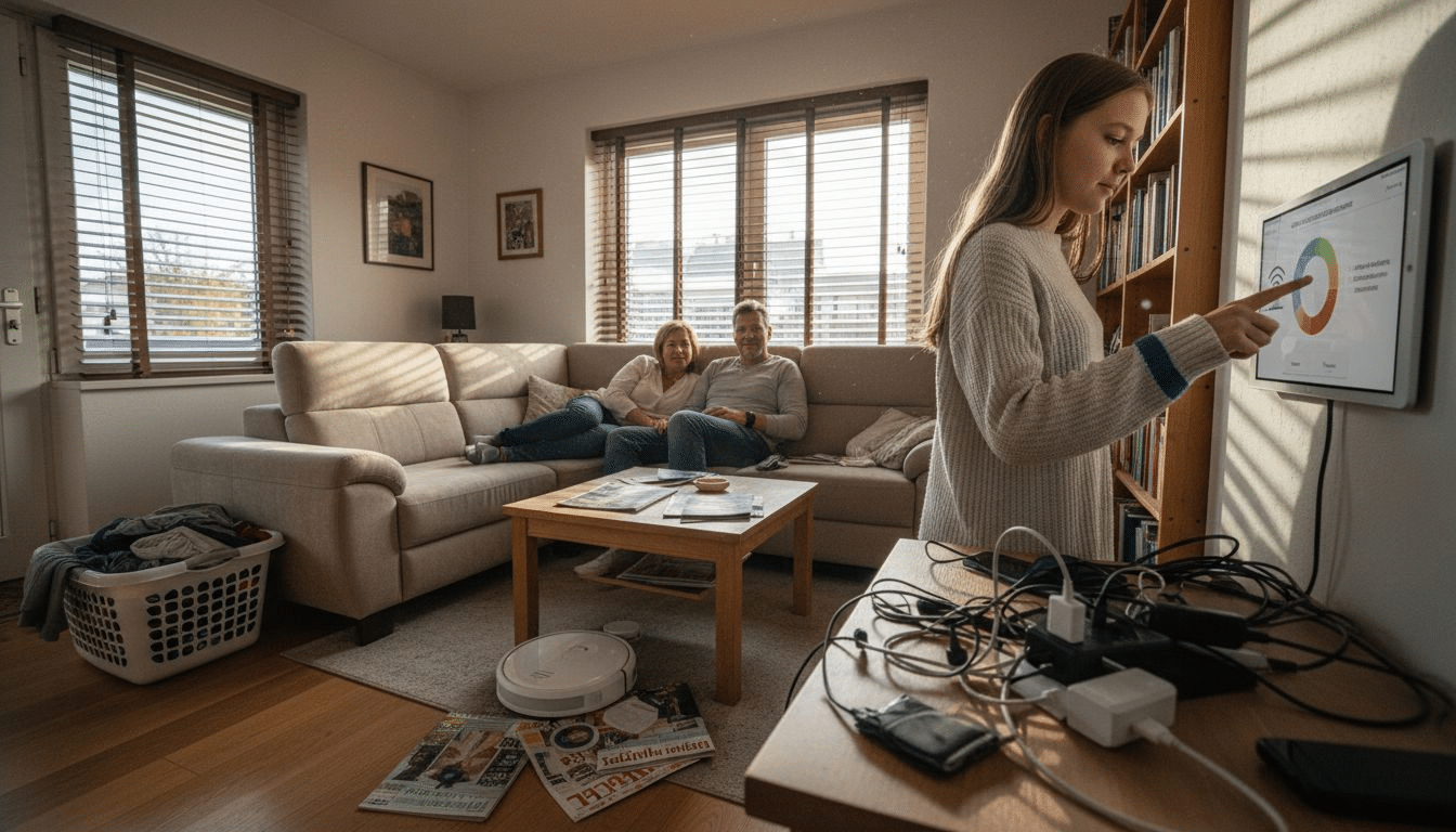 Im Wohnzimmer steuert die Familie bequem per App das Licht, die Musik und die Heizung – moderne Smart-Home-Technik macht’s möglich.