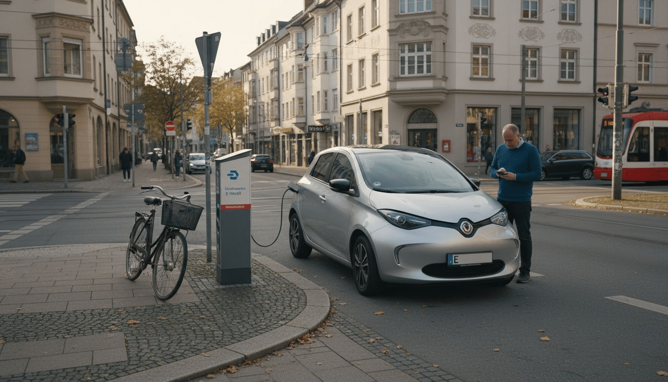 In Augsburg wird an einer Straßenecke ein Elektroauto aufgeladen. In Augsburg wird an einer Straßenecke ein Elektroauto aufgeladen.