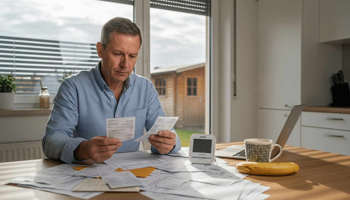 Ein Mann sitzt am Küchentisch und plant die Durchführung eines Energie-Checks für sein Zuhause. Ein Mann sitzt am Küchentisch und plant die Durchführung eines Energie-Checks für sein Zuhause.