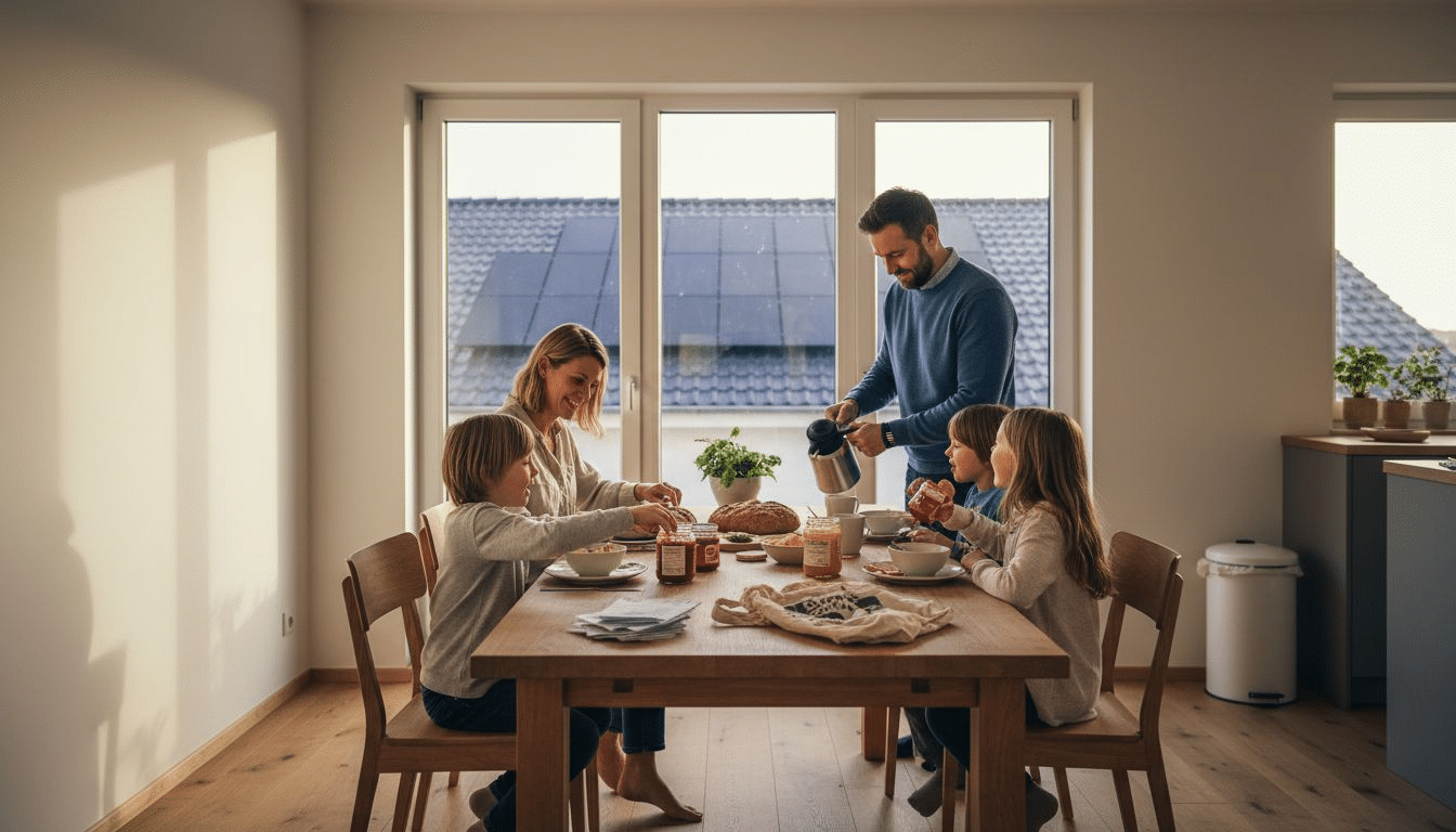 Gemeinsames Frühstück mit der Familie in einem modernen, energieeffizienten Zuhause – die Sonne scheint durch die großen Fenster, alle sitzen entspannt zusammen am Tisch und genießen regionale Köstlichkeiten. Während die Kinder fröhlich plaudern, sorgt die smarte Haustechnik für angenehme Wärme und ein gutes Gefühl, nachhaltig zu leben. Gemeinsames Frühstück mit der Familie in einem modernen, energieeffizienten Zuhause – die Sonne scheint durch die großen Fenster, alle sitzen entspannt zusammen am Tisch und genießen regionale Köstlichkeiten. Während die Kinder fröhlich plaudern, sorgt die smarte Haustechnik für angenehme Wärme und ein gutes Gefühl, nachhaltig zu leben.